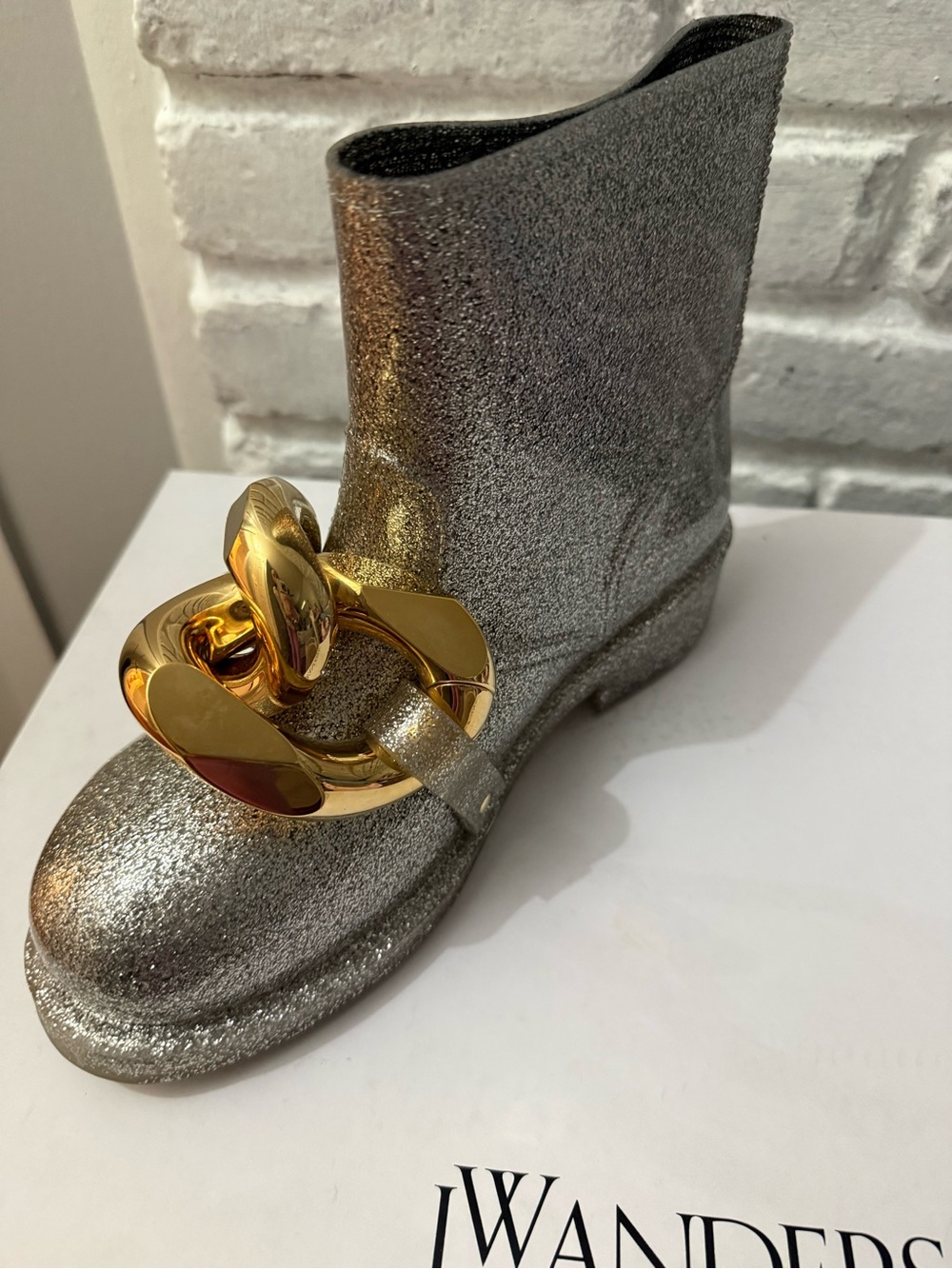 JW ANDERSON Silver Glitter Ankle Boot with Bold Gold Chain
